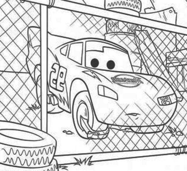 Kolorowanka z ZygZag McQueen za ogrodzeniem - Wyścigowa przygoda do druku kolorowanka do druku